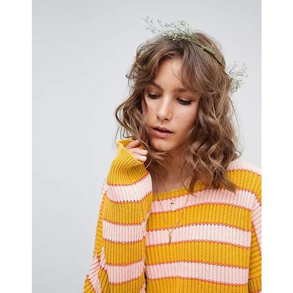 FREE PEOPLE Just My Striped Pullover Sweater Womens Small Yellow Pink Cropped - Picture 3 of 14